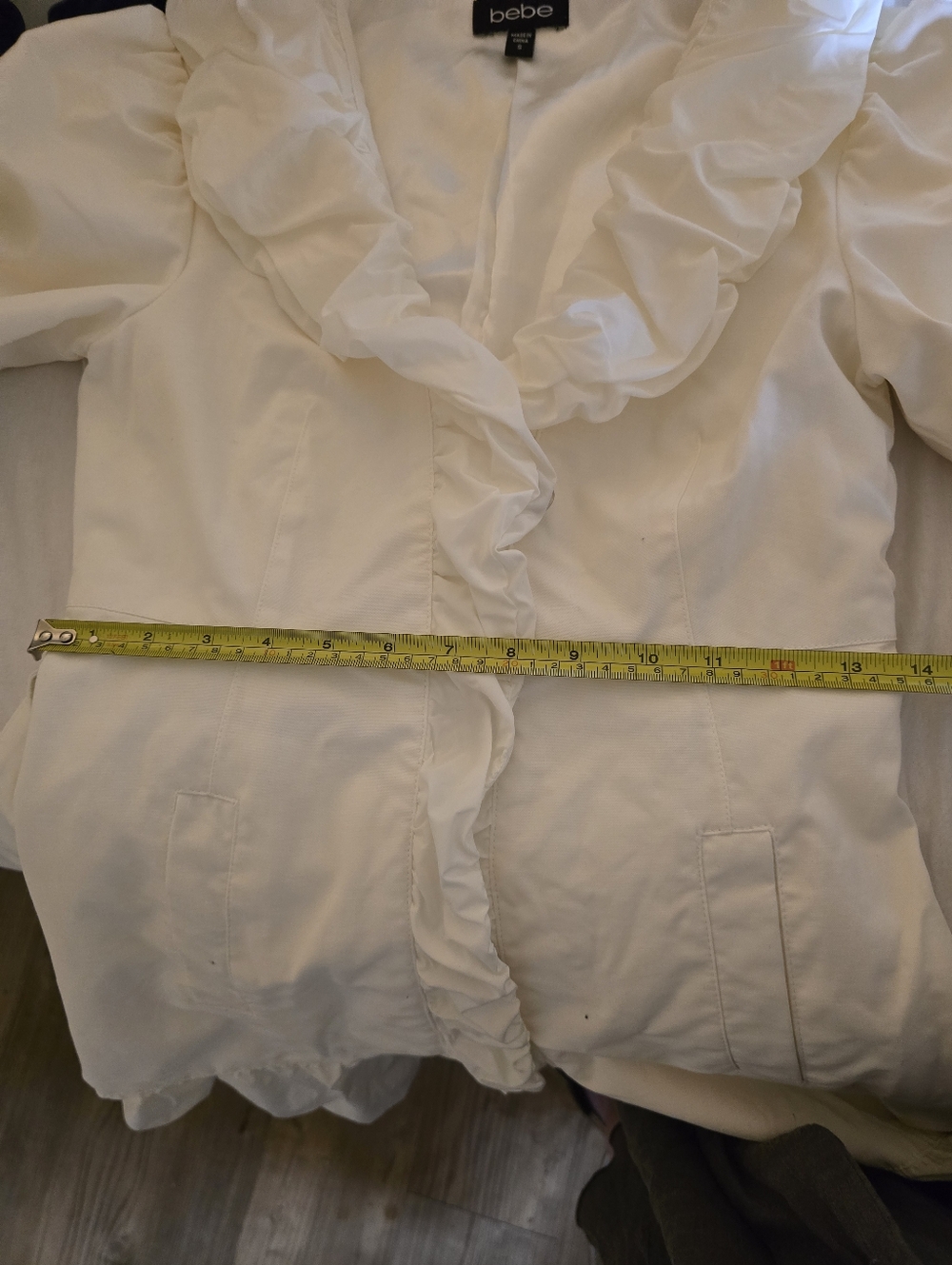 Bebe Ivory Ruffle-Trimmed Trench Coat with Belt Size Small, Like New. - Picture 9 of 17
